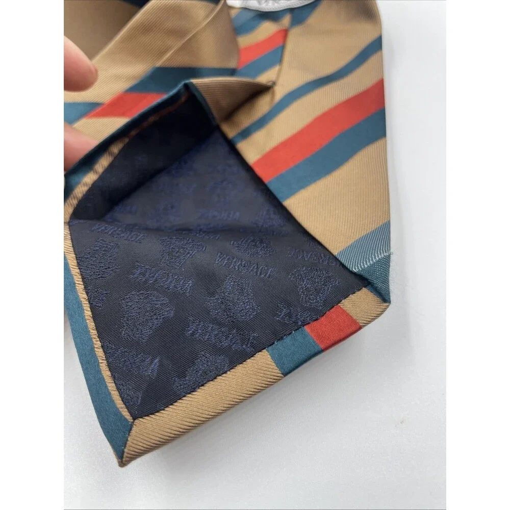 Gianni Versace Tie Men's 100% Silk Gold Brown W Red Blue Stripes Made in Italy